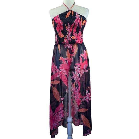 M Venus Navy Pink Floral Halter Cover Up Tunic Top Dress Size M Sheer Smocked - Picture 1 of 11